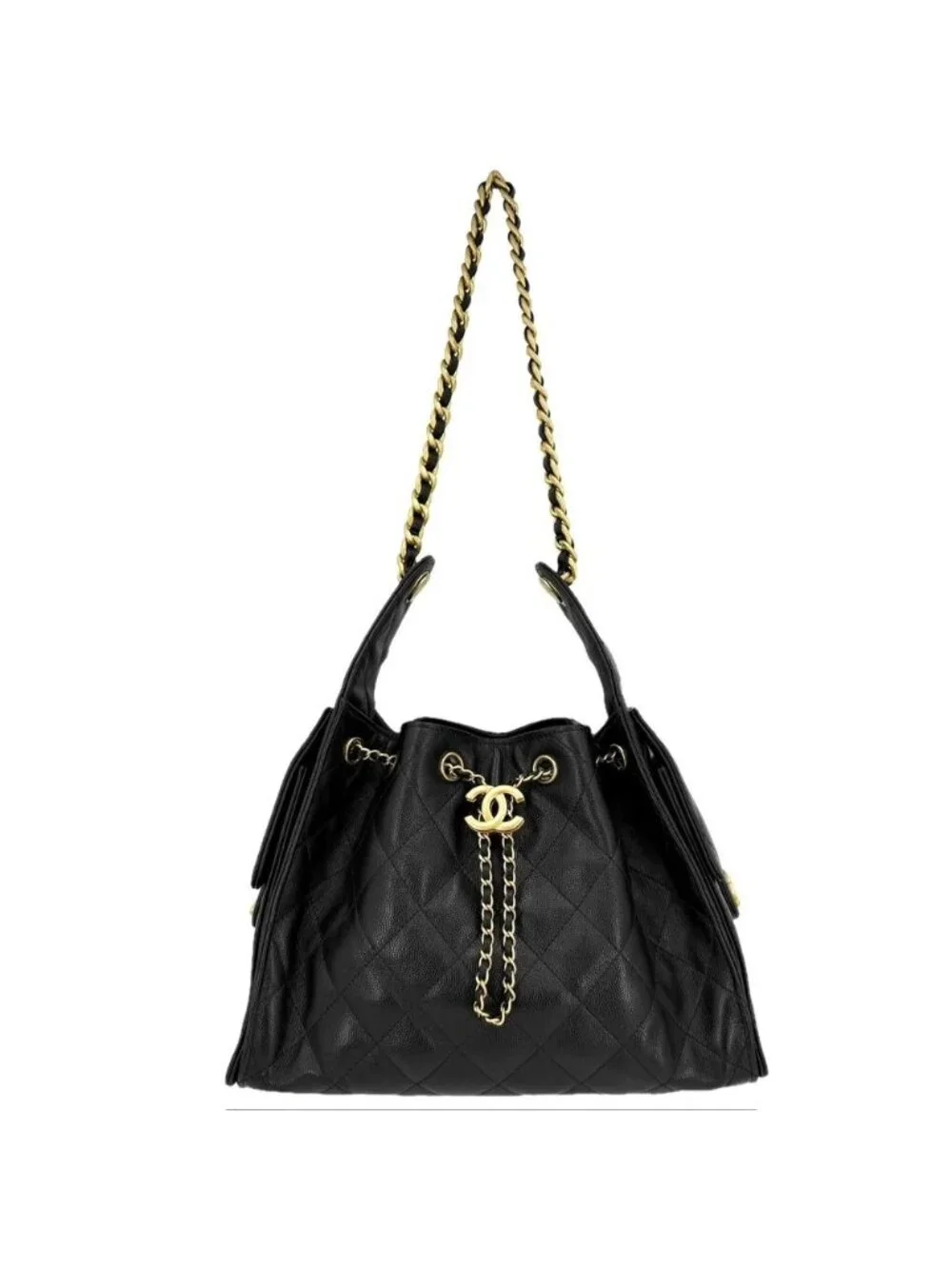 Chanel Shoulder Bag 25 Small Handle Chain CC Logo Caviar Leather Black Gold